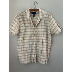 Denim & Co. Womens Beige Plaid Short Sleeve Button Down Shirt XL  Retro Indie